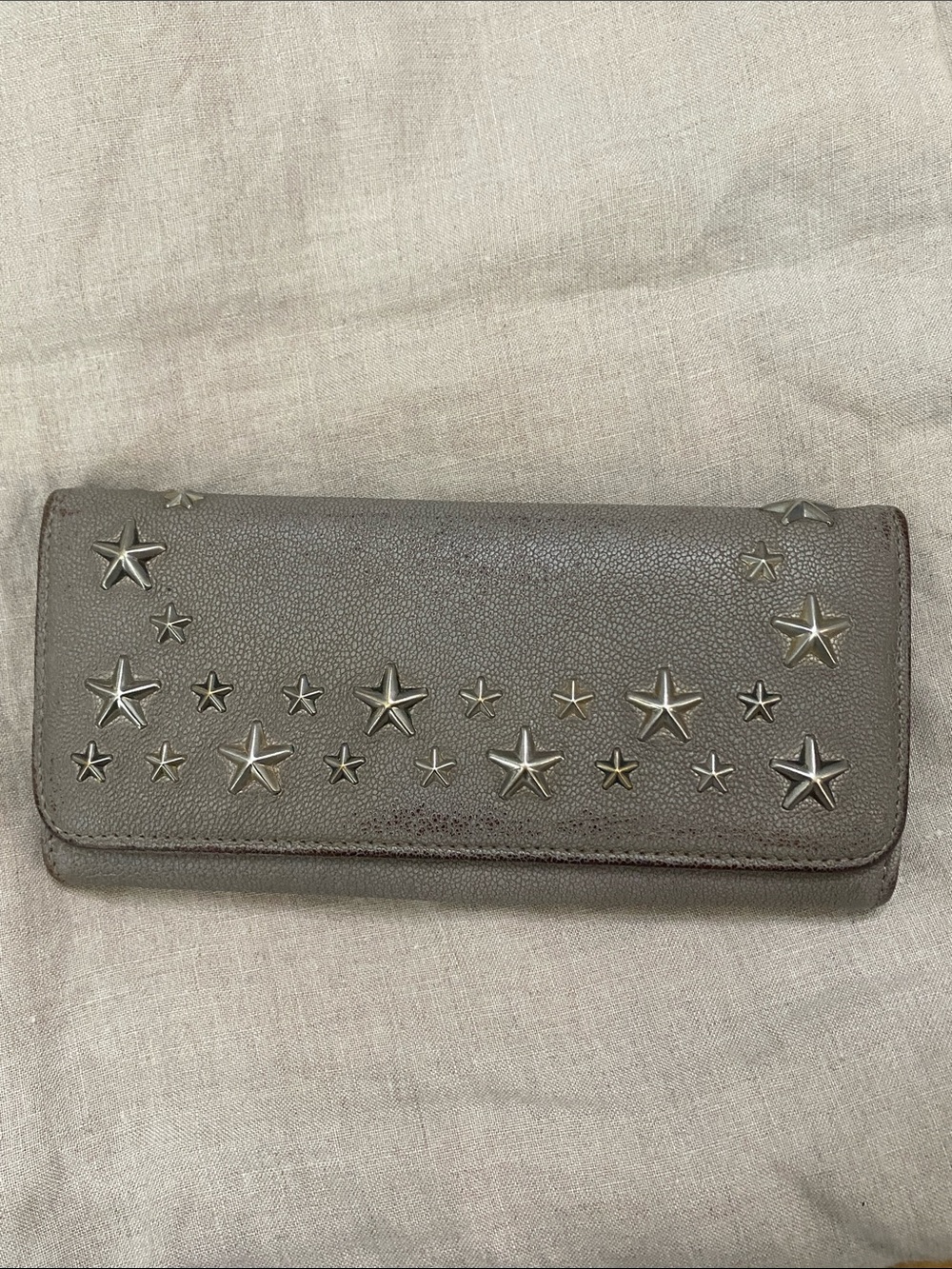 Authentic Jimmy Choo Star Studded Continental Leather Wallet – Taupe/Grey – Made